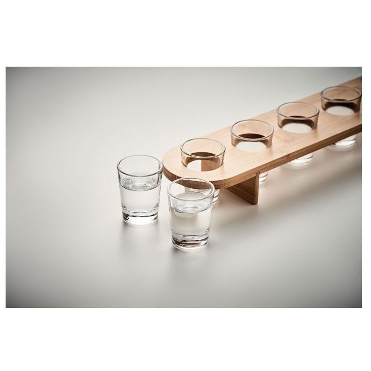 Set 6 pahare shot din sticla  cu suport din lemn, design rustic, 49.5 x 7 x 6.5 cm, maro [5]