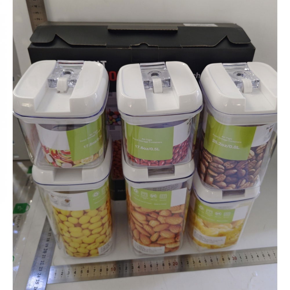 Set 6 recipiente din plastic, pentru alimente/obiecte, inchidere ermetica, 2 x 0.5l, 2 x 0.8l, 2 x 1.2l, capac alb, transparent [8]