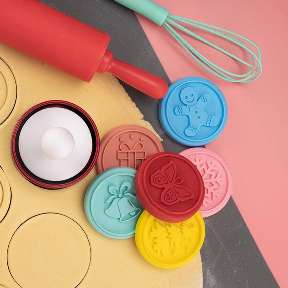Set 6 stampile pentru prajituri  tematica de craciun, din silicon alimentar non-toxic, taietor aluat inclus, 6 cm,  maner din plastic, compact, usor de depozitat, [7]