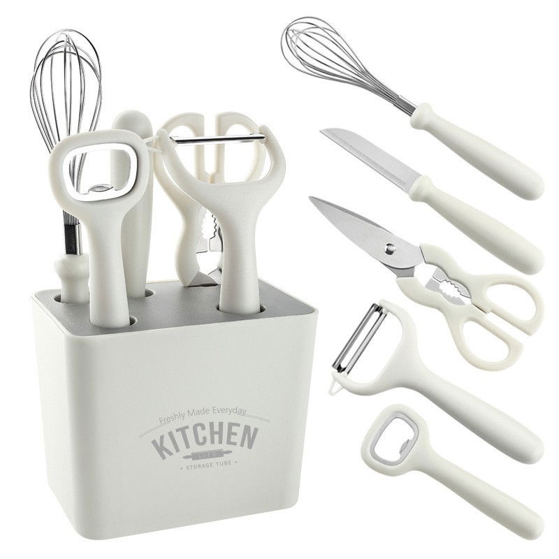 Set 6 ustensile bucatarie  cu suport inclus, desfacator, curatator legume, foarfeca, cutit, tel, abs si inox, alb [1]