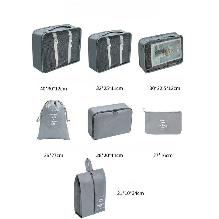 Set 7 genti de calatorie, pentru depozitare, compresibile, 7 dimensiuni, impermeabile, design cu plasa, pliabile, manere robuste, fermoar dublu, gri [6]