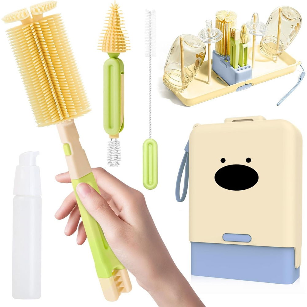 Set 7 piese de spalat/uscat biberoane, portabil, peri de silicon, pentru tetine, suzete, biberoane, paie, cutie inclusa, 16.8 x 12 x 5 cm, model catel, albastru [2]