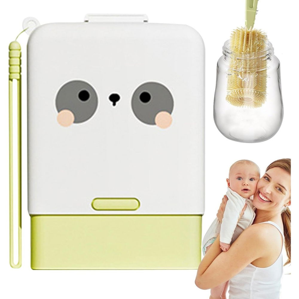 Set 7 piese de spalat/uscat biberoane, portabil, peri de silicon, pentru tetine, suzete, biberoane, paie, cutie inclusa, 16.8 x 12 x 5 cm, model panda, verde [3]