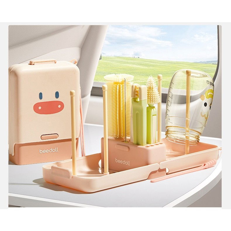 Set 7 piese de spalat/uscat biberoane, portabil, peri de silicon, pentru tetine, suzete, biberoane, paie, cutie inclusa, 16.8 x 12 x 5 cm, model porcusor, roz [6]