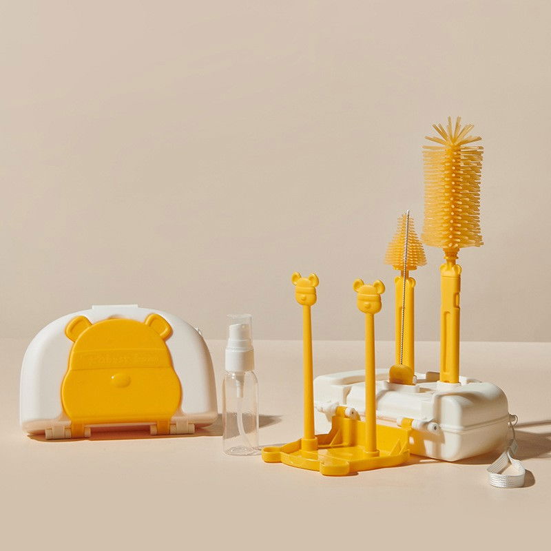 Set 7 piese de spalat/uscat biberoane, portabil, peri de silicon, pentru tetine, suzete, biberoane, paie, cutie inclusa, 16 x 11 x 5 cm, model ursulet, galben [5]