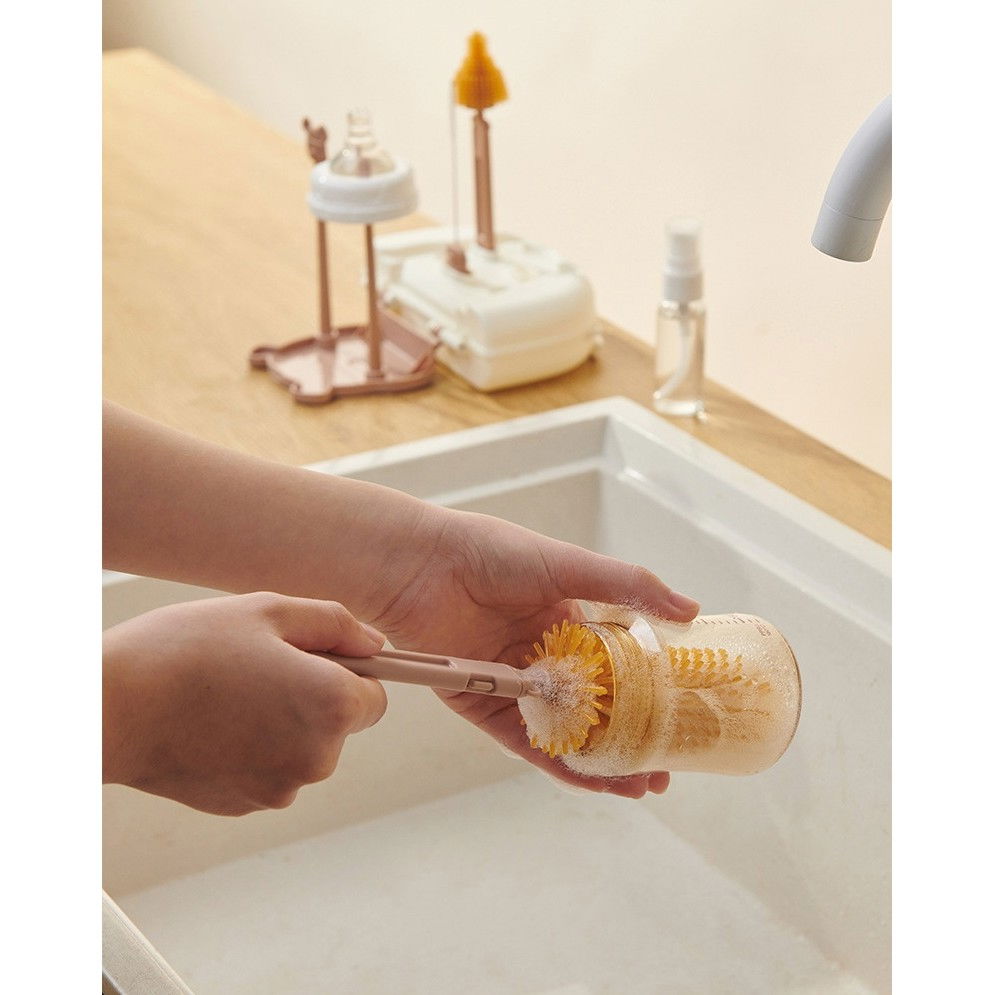 Set 7 piese de spalat/uscat biberoane, portabil, peri de silicon, pentru tetine, suzete, biberoane, paie, cutie inclusa, 16 x 11 x 5 cm, model ursulet, galben [3]