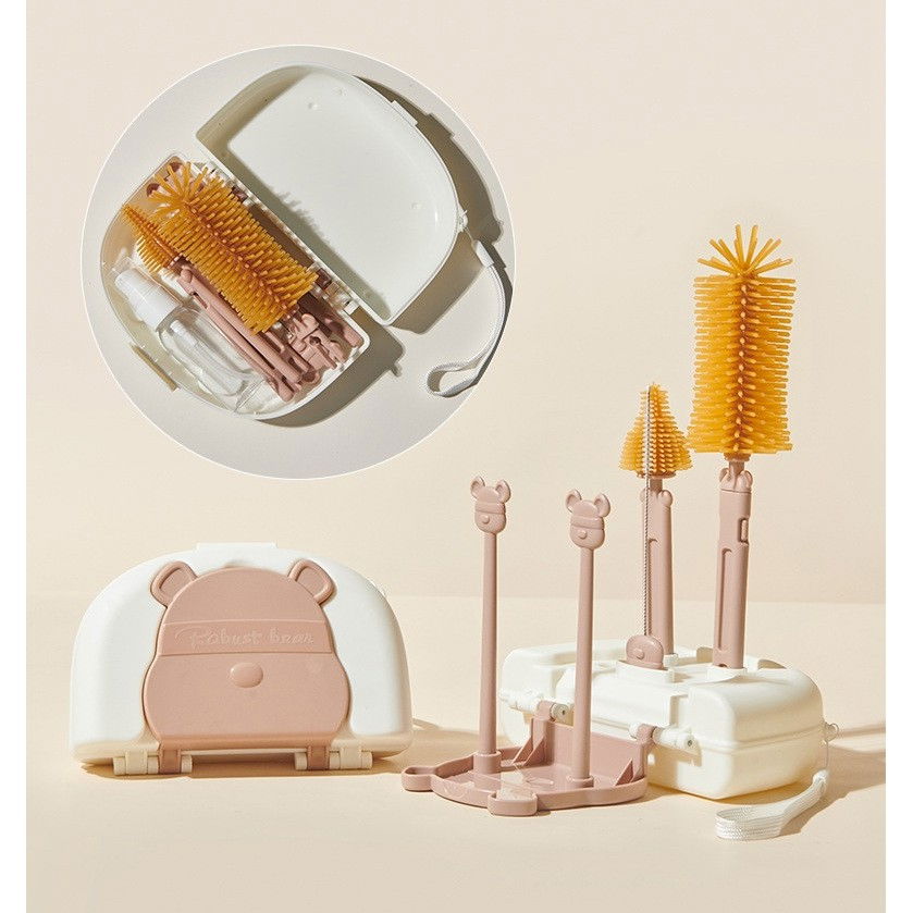 Set 7 piese de spalat/uscat biberoane, portabil, peri de silicon, pentru tetine, suzete, biberoane, paie, cutie inclusa, 16 x 11 x 5 cm, model ursulet, maro [4]