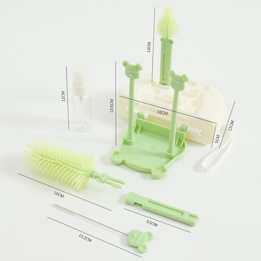 Set 7 piese de spalat/uscat biberoane, portabil, peri de silicon, pentru tetine, suzete, biberoane, paie, cutie inclusa, 16 x 11 x 5 cm, model ursulet, verde [4]