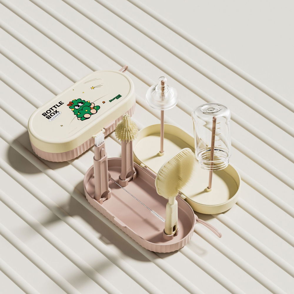 Set 7 piese de spalat/uscat biberoane, portabil, peri de silicon, pentru tetine, suzete, biberoane, paie, cutie inclusa, 20 x 9.5 cm, roz [6]