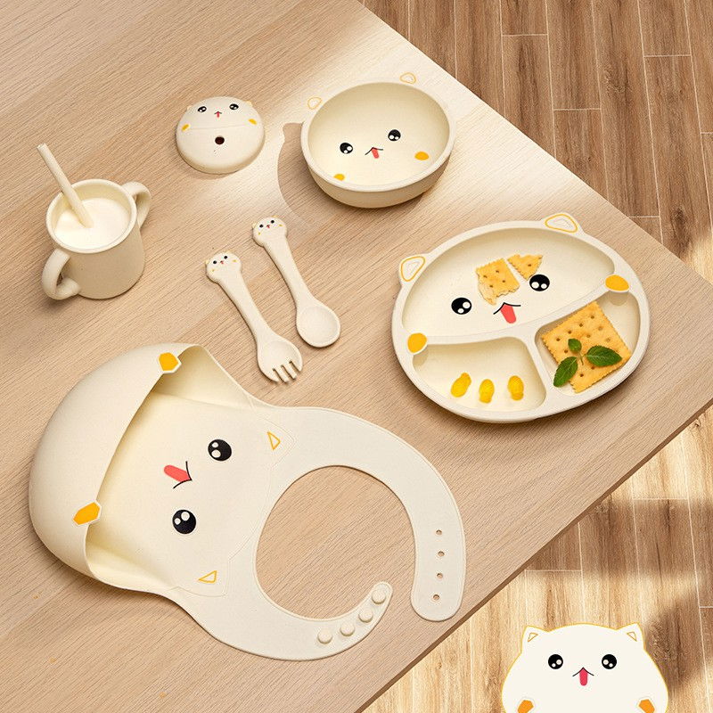 Set 7 piese hranire bebelusi si copii, din silicon, fara bpa, de la 12 luni, model pisicuta, 30 x 25 x 6 cm, bej [6]