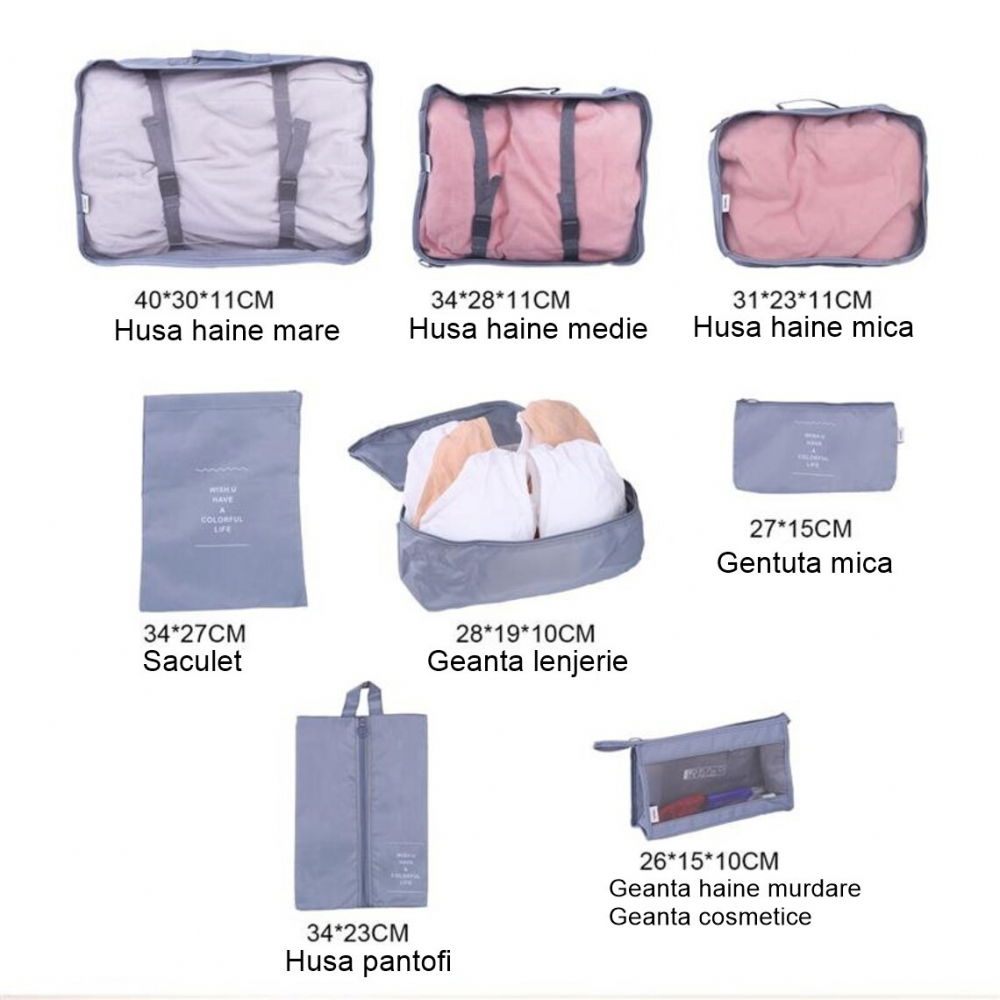 Set 8 huse organizare bagaj  material poliester, impermeabil, cu fermoar, pentru calatorii sau dulap, sac pentru pantofi inclus, pliabil, gri [2]