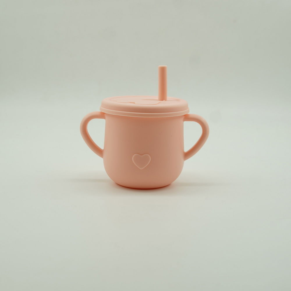 Set 8 piese diversificare bebelusi si copii din silicon  baveta, farfurie compartimentata cu ventuza, bol cu ventuza, tacamuri din lemn si silicon, cana pentru gustari, fara alergeni, roz [3]