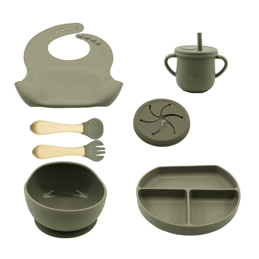 Set 8 piese diversificare bebelusi si copii din silicon  baveta, farfurie compartimentata cu ventuza, bol cu ventuza, tacamuri din lemn si silicon, cana pentru gustari, fara alergeni, verde inchis [1]
