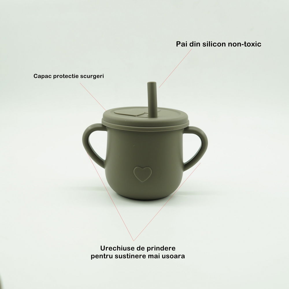 Set 8 piese diversificare bebelusi si copii din silicon  baveta, farfurie compartimentata cu ventuza, bol cu ventuza, tacamuri din lemn si silicon, cana pentru gustari, fara alergeni, verde inchis [6]