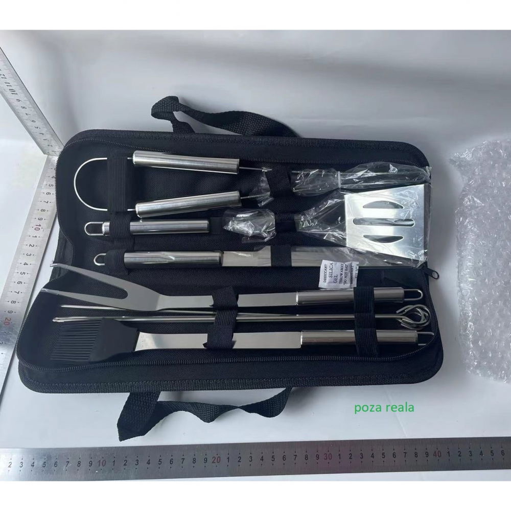 Set 9 ustensile pentru gratar, din otel inoxidabil, geanta oxford, argintiu [2]