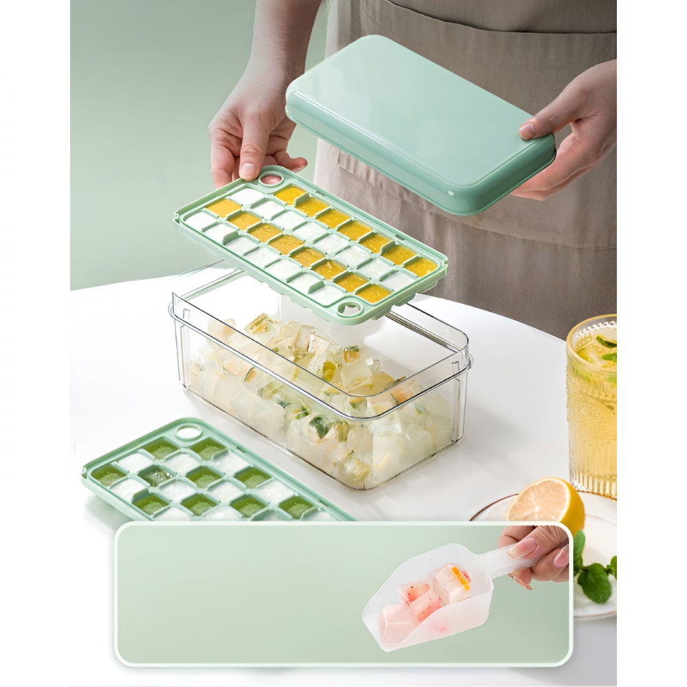 Set cutie pentru gheata, uz casnic, 1 tavita pentru cuburi, capac etans, lopata, 23.5x13.3x10 cm, verde [4]