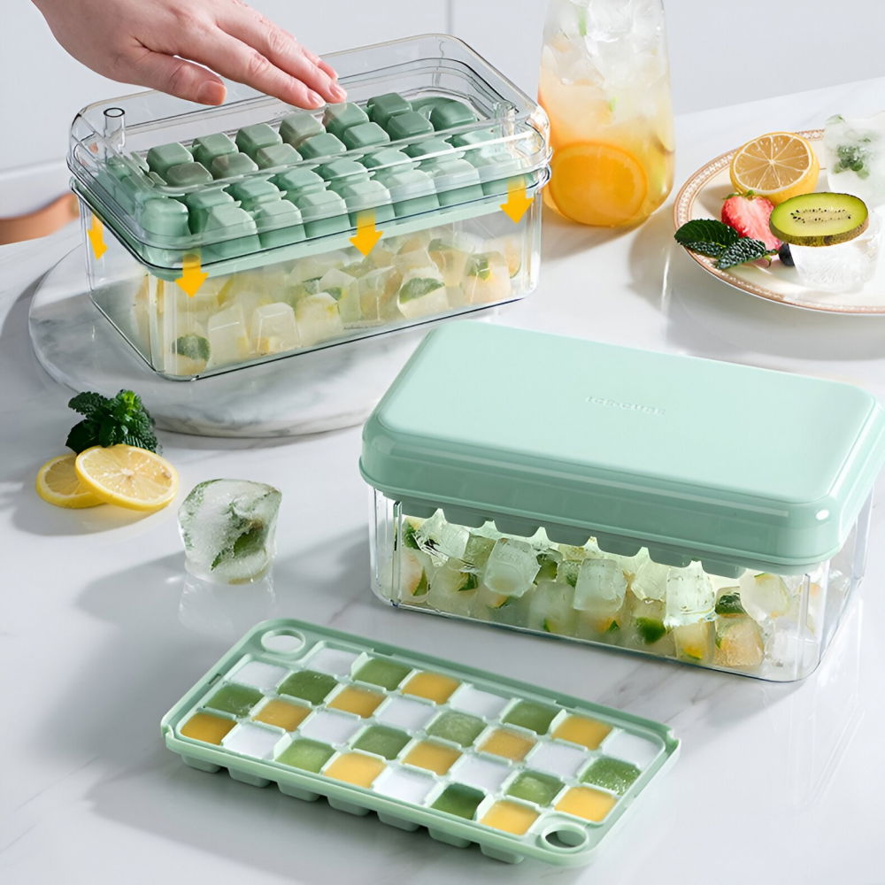 Set cutie pentru gheata, uz casnic, doua tavite pentru cuburi, capac etans, lopata, 23.5x13.3x10 cm, verde [10]