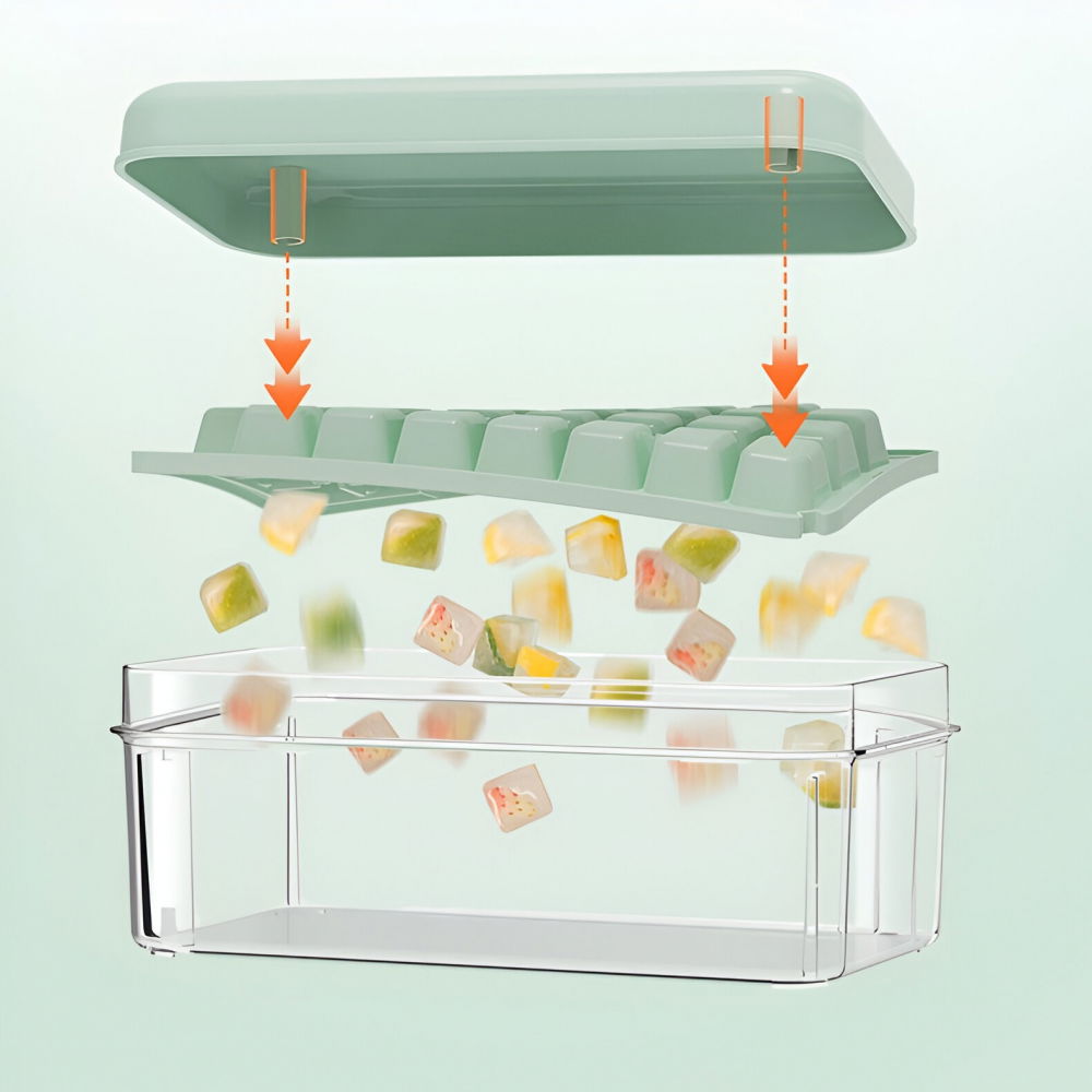 Set cutie pentru gheata, uz casnic, doua tavite pentru cuburi, capac etans, lopata, 23.5x13.3x10 cm, verde [9]