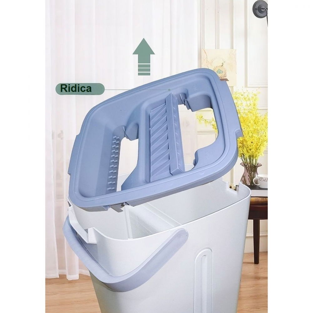 Set de curatenie, mop si galeata, capacitate 5.7 l, 4 rezerve microfibra incluse, plastic, utilizare umeda/uscata, stoarcere fara maini, albastru/alb [5]