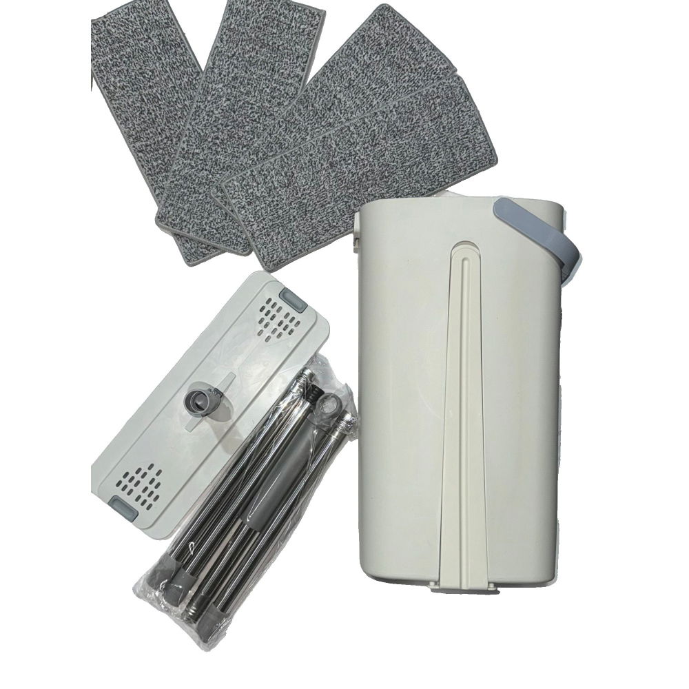 Set de curatenie, mop si galeata, capacitate 5.7 l, 4 rezerve microfibra incluse, plastic, utilizare umeda/uscata, stoarcere fara maini, albastru/alb [10]