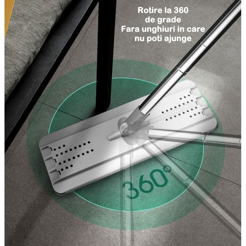 Set de curatenie mop si galeata, galeata 5.7 l, 4 rezerve microfibra incluse, design modern, pentru interior, material plastic, peri sintetici, plat, cu storcere, alb [12]