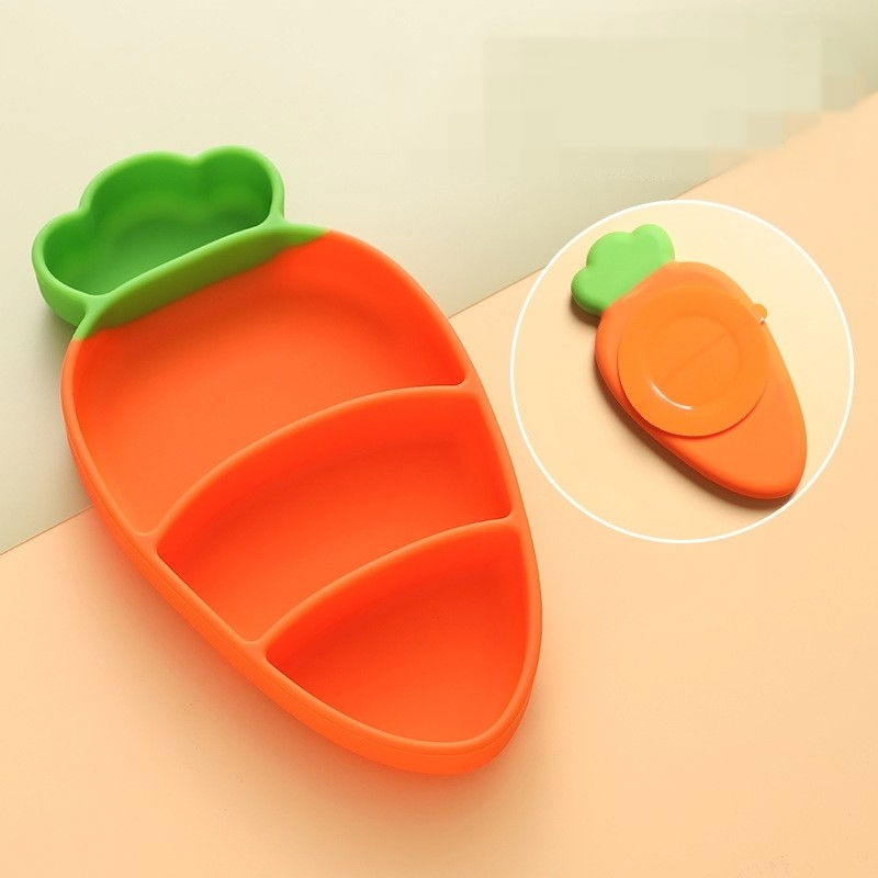 Set diversificare bebelusi  din silicon, 23.5 x 12.5 cm, 1 farfurie compartimentata in forma de morcov, lingurita si furculita, pai, perie pai, fara alergeni, ventuza fixare,  forma creativa,  portocaliu [2]