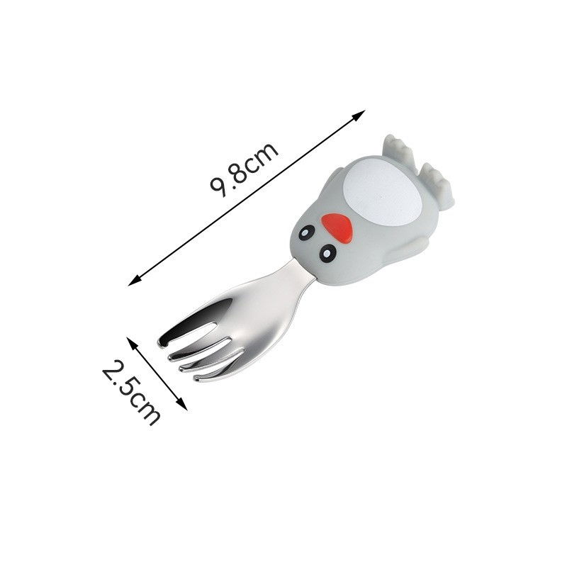 Set diversificare bebelusi  din silicon, 23.5 x 12.5 cm, 1 farfurie compartimentata in forma de pinguin, lingurita si furculita, pai, perie pai, fara alergeni, ventuza fixare,  forma creativa,  gri [2]