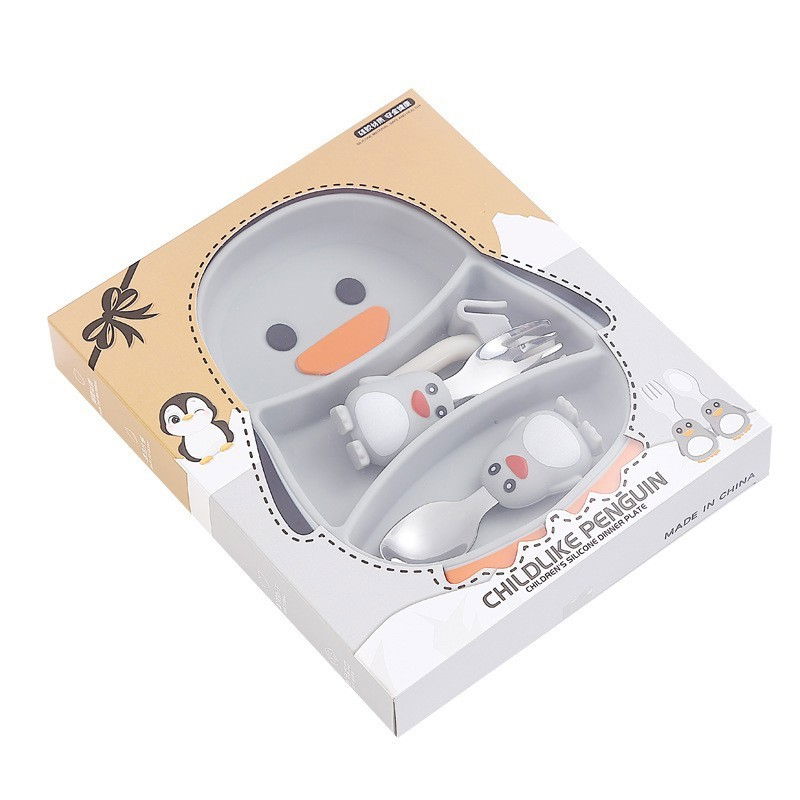 Set diversificare bebelusi  din silicon, 23.5 x 12.5 cm, 1 farfurie compartimentata in forma de pinguin, lingurita si furculita, pai, perie pai, fara alergeni, ventuza fixare,  forma creativa,  gri [1]