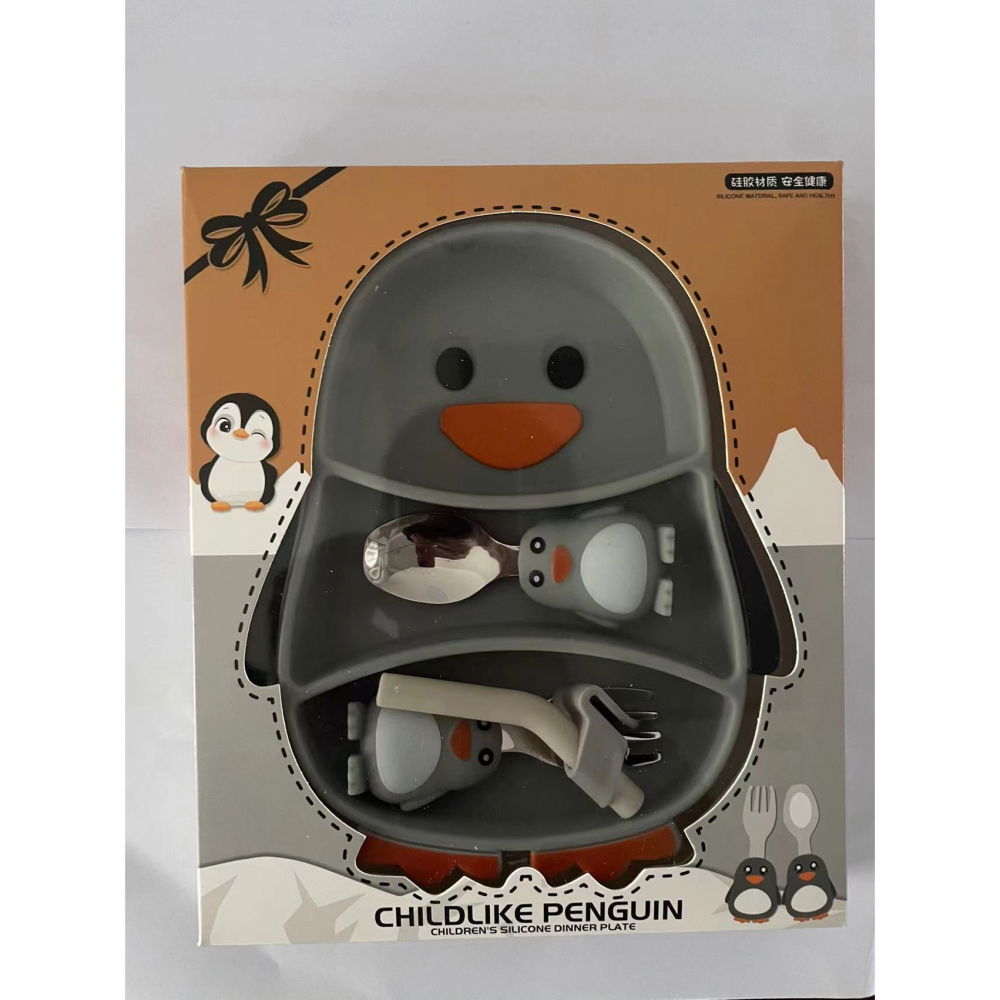 Set diversificare bebelusi  din silicon, 23.5 x 12.5 cm, 1 farfurie compartimentata in forma de pinguin, lingurita si furculita, pai, perie pai, fara alergeni, ventuza fixare,  forma creativa,  gri [9]