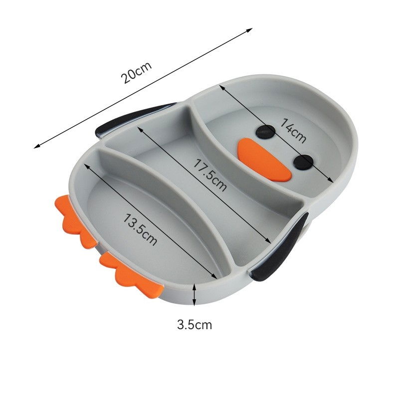 Set diversificare bebelusi  din silicon, 23.5 x 12.5 cm, 1 farfurie compartimentata in forma de pinguin, lingurita si furculita, pai, perie pai, fara alergeni, ventuza fixare,  forma creativa,  gri [4]