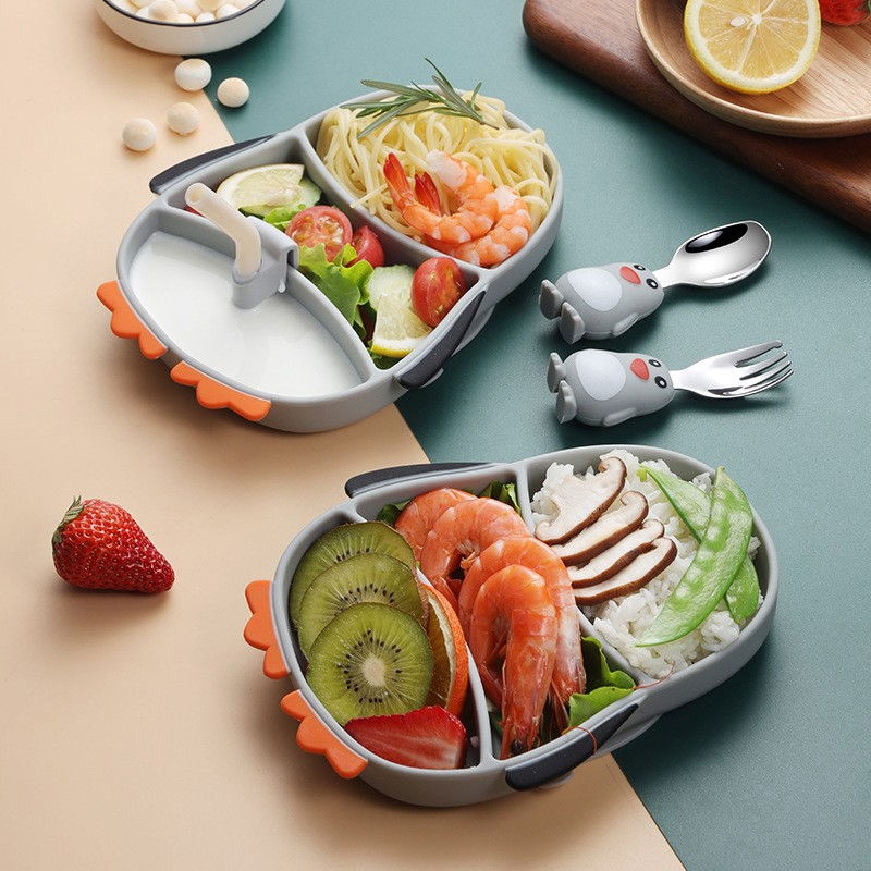 Set diversificare bebelusi  din silicon, 23.5 x 12.5 cm, 1 farfurie compartimentata in forma de pinguin, lingurita si furculita, pai, perie pai, fara alergeni, ventuza fixare,  forma creativa,  gri [7]