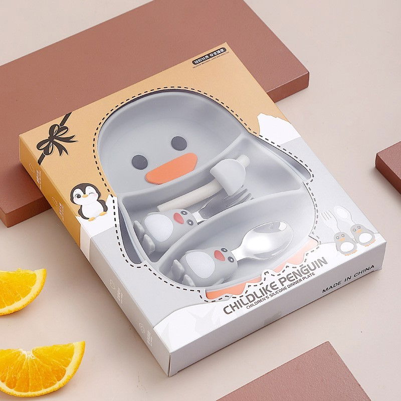 Set diversificare bebelusi  din silicon, 23.5 x 12.5 cm, 1 farfurie compartimentata in forma de pinguin, lingurita si furculita, pai, perie pai, fara alergeni, ventuza fixare,  forma creativa,  gri [8]