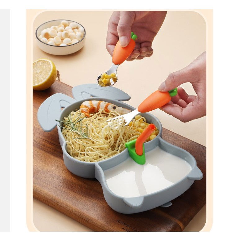 Set diversificare bebelusi  din silicon, 26 x 15 cm, 1 farfurie compartimentata in forma de iepure, lingurita si furculita, pai, perie pai, fara alergeni, ventuza fixare,  forma creativa,  bleumarin [2]