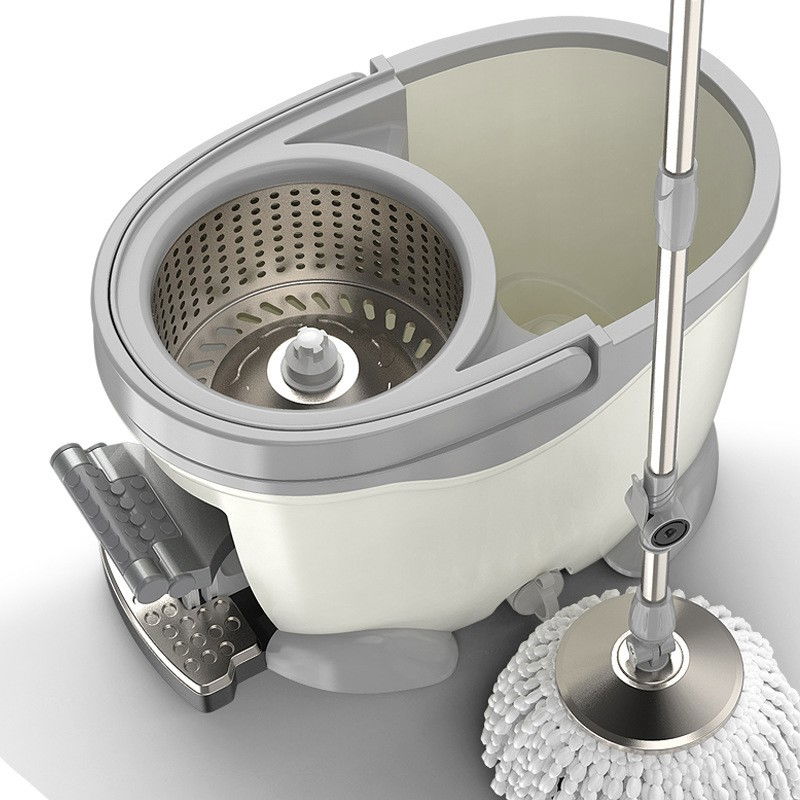 Set galeata cu pedala si mop rotativ 360°, cu actiune centrifuga x4, pentru uz casnic, maner din otel inoxidabil telescopic, 2 capte din bumbac, 46x30x28 cm, alb ivoir [10]