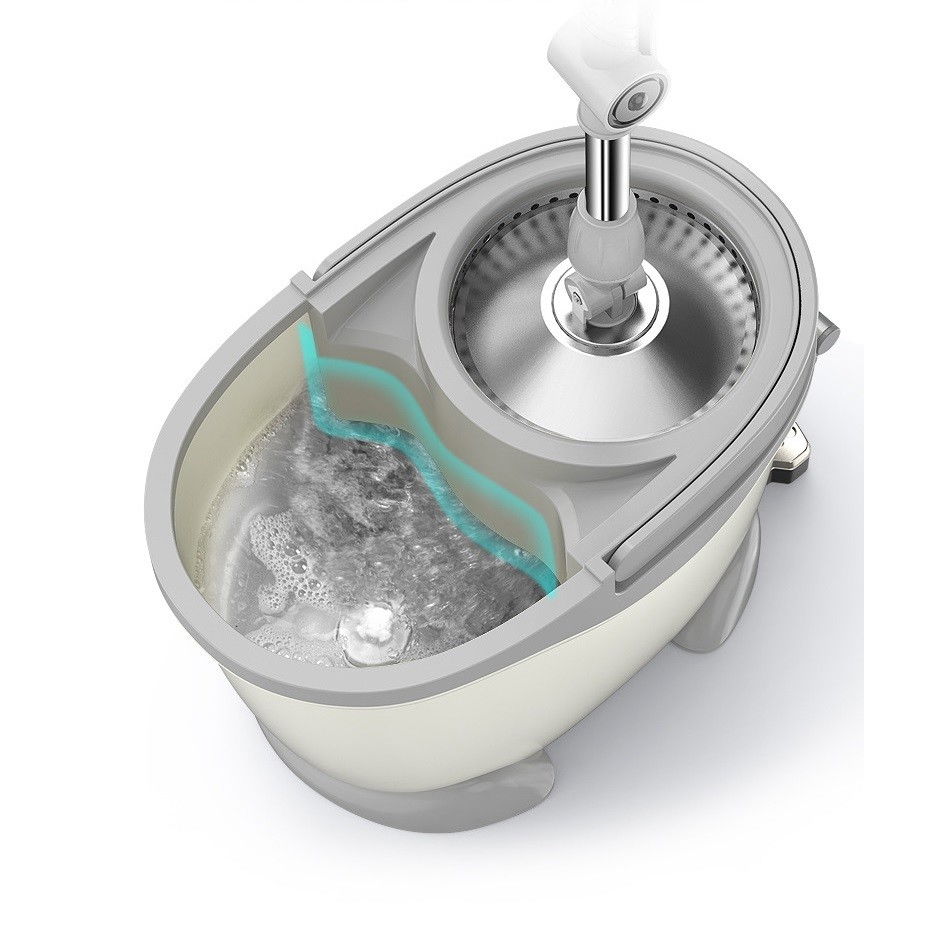 Set galeata cu pedala si mop rotativ 360°, cu actiune centrifuga x4, pentru uz casnic, maner din otel inoxidabil telescopic, 2 capte din bumbac, 46x30x28 cm, alb ivoir [6]