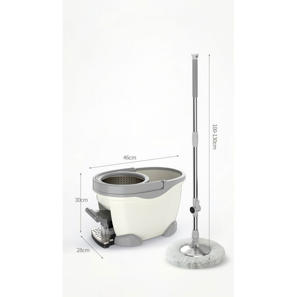 Set galeata cu pedala si mop rotativ 360°, cu actiune centrifuga x4, pentru uz casnic, maner din otel inoxidabil telescopic, 2 capte din bumbac, 46x30x28 cm, alb ivoir [7]