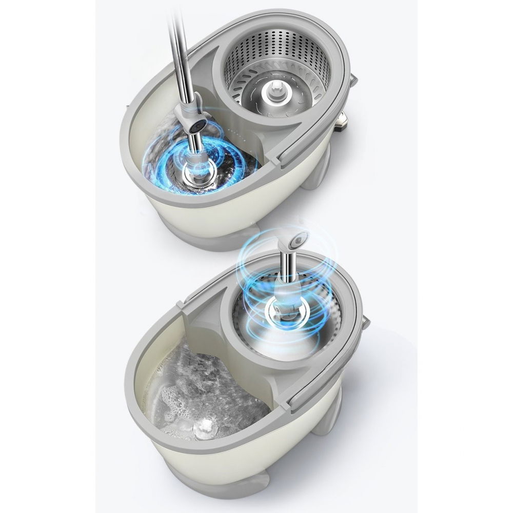 Set galeata cu pedala si mop rotativ 360°, cu actiune centrifuga x4, pentru uz casnic, maner din otel inoxidabil telescopic, 2 capte din bumbac, 46x30x28 cm, alb ivoir [4]