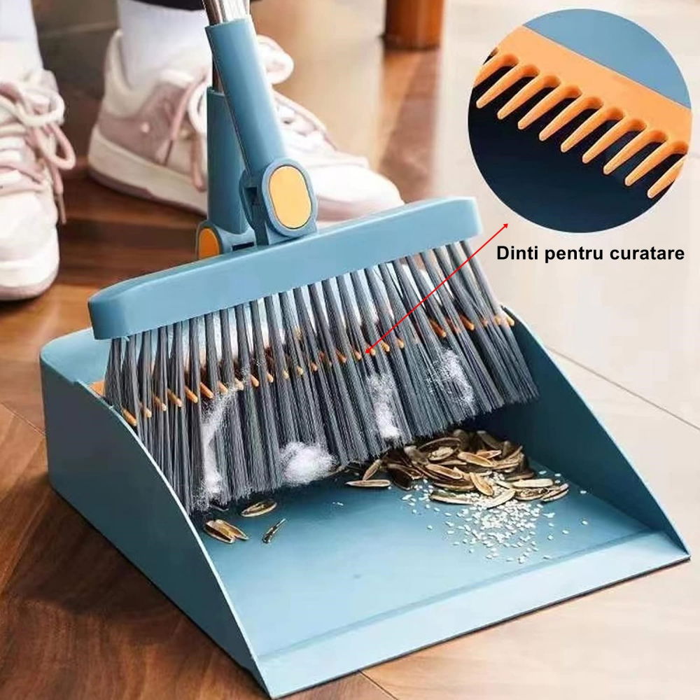 Set matura si faras cu coada cu dinti de pieptene pentru curatare matura, rotativ, pliabil, detasabil, otel inoxidabil si polipropilena, albastru [4]