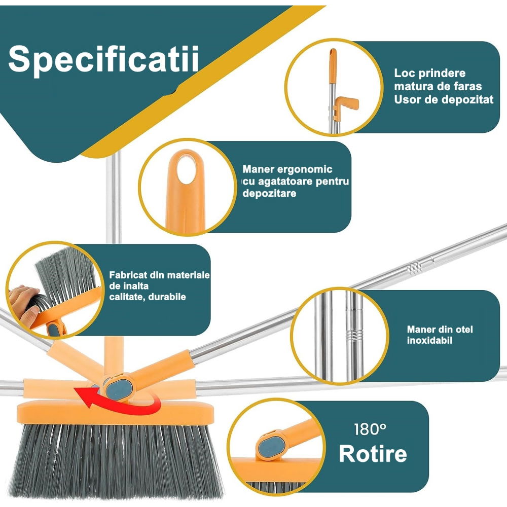 Set matura si faras cu coada detasabila, cu dinti de pieptene pentru curatare matura, rotativ, pliabil, otel inoxidabil si polipropilena, portocaliu [4]