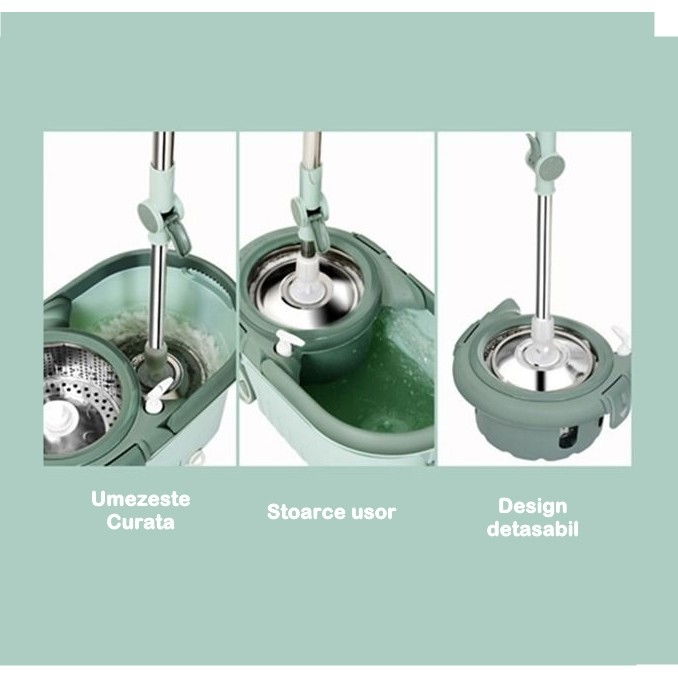 Set mop rotativ cu galeata material plastic si microfibra, o rezerva inclusa, rezistent, cu dop scurgere, vas detasabil, orificiu pentru solutie, pentru interior, capacitate 8 l, verde [2]