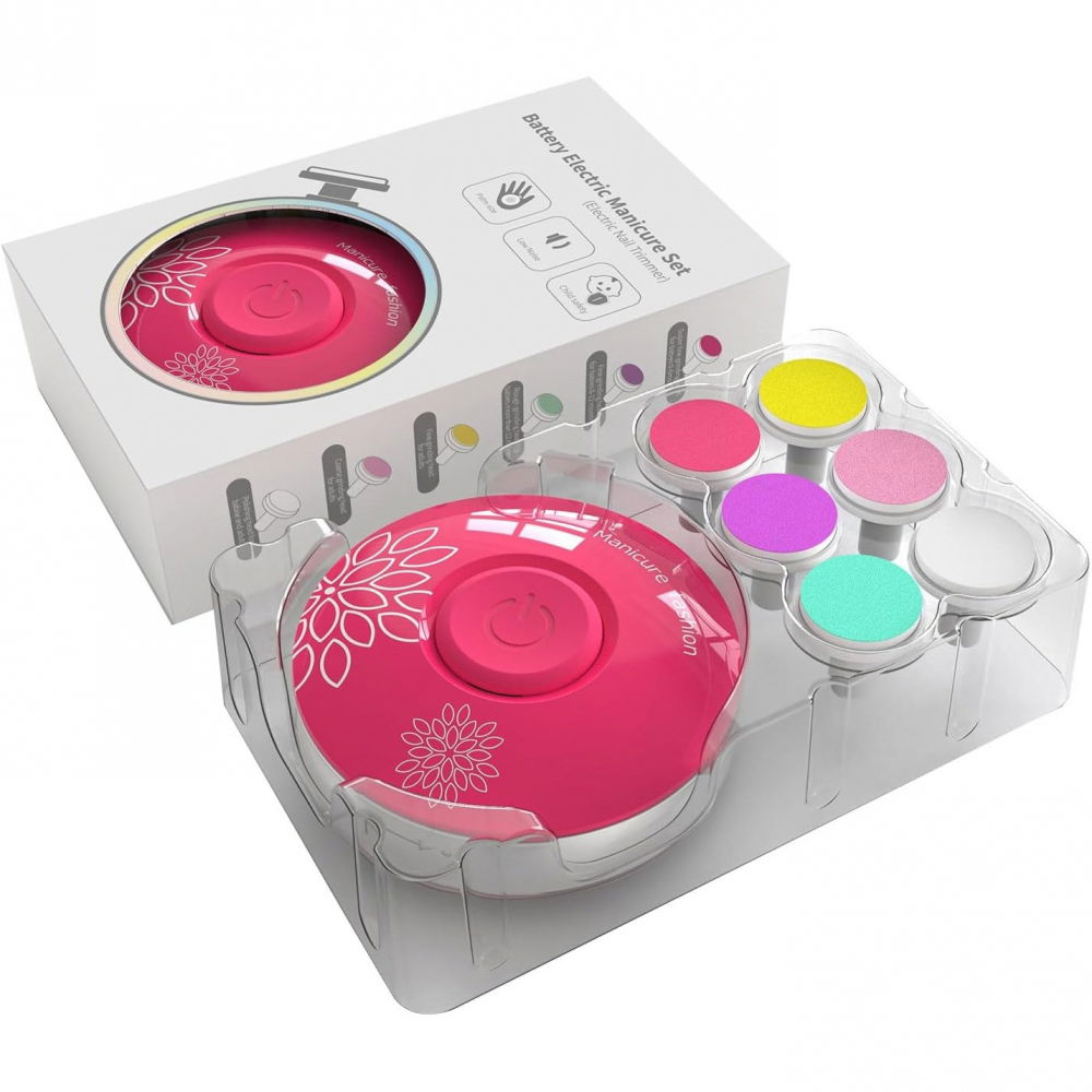 Set pila electrica pentru copii si bebelusi, abs, incarcare usb, model cu flori, 6 accesorii, cu lumina led, fucsia [2]