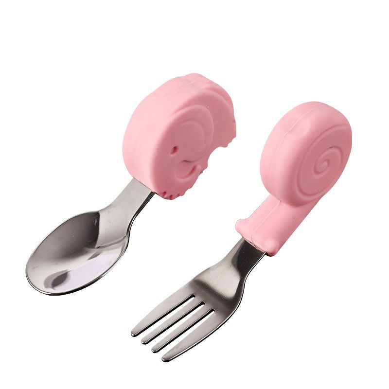 Set tacamuri pentru bebelusi, lingura si furculita, inox/silicon, 1- 3 ani, model cu animale, multicolor [3]