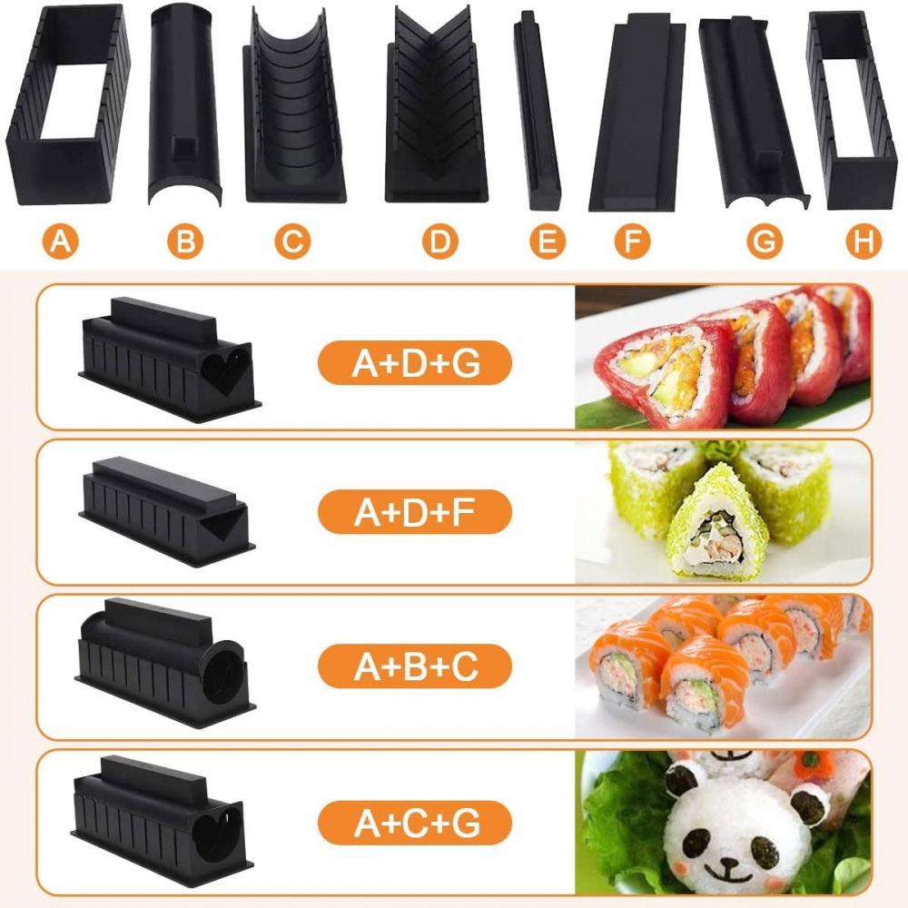 Set ustensile pentru facut sushi  10 piese, forma inima inclus, 3 forme clasice, extensibil, finisaj lucios, material abs, curatare usoara, negru [5]