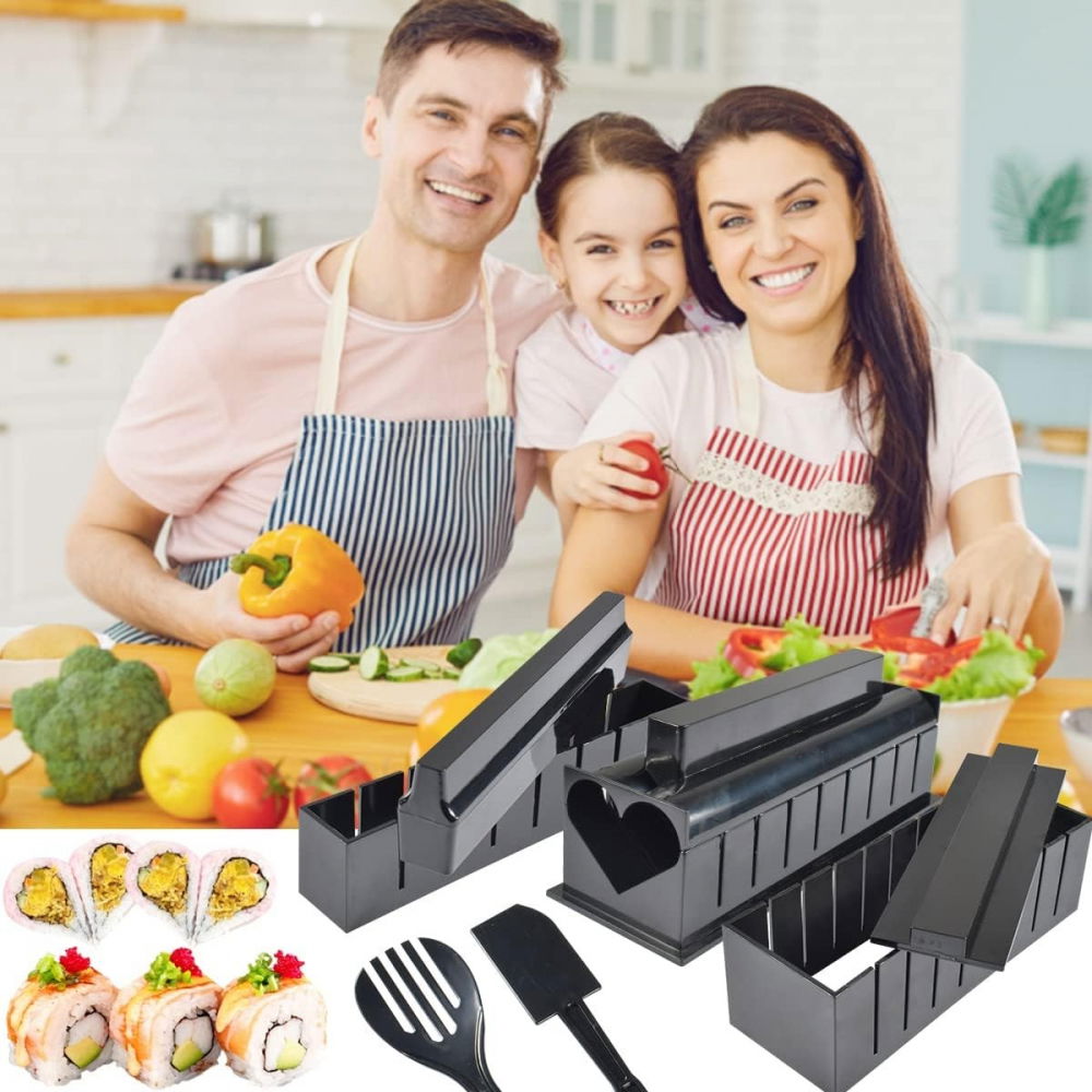 Set ustensile pentru facut sushi  10 piese, forma inima inclus, 3 forme clasice, extensibil, finisaj lucios, material abs, curatare usoara, negru [4]