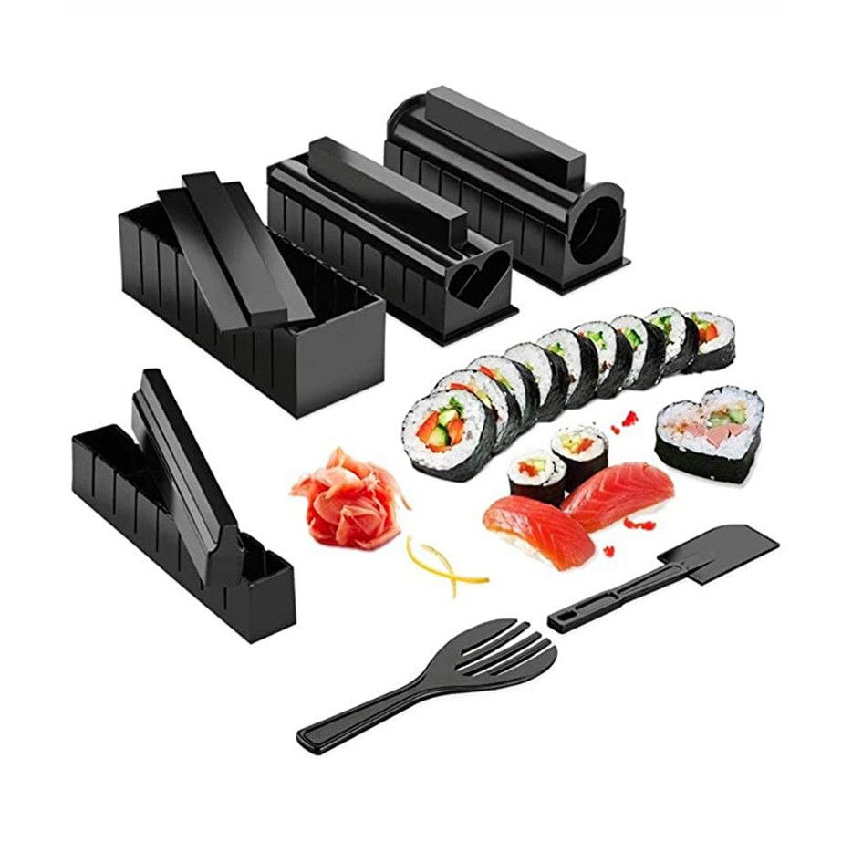 Set ustensile pentru facut sushi  10 piese, forma inima inclus, 3 forme clasice, extensibil, finisaj lucios, material abs, curatare usoara, negru [7]
