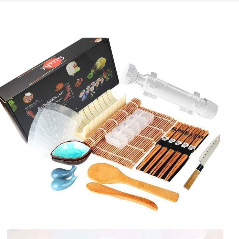 Set ustensile pentru sushi, set din 19 accesorii pentru sushi, set pentru sushi home made, cutit inclus, forme, betisoare, multicolor [1]