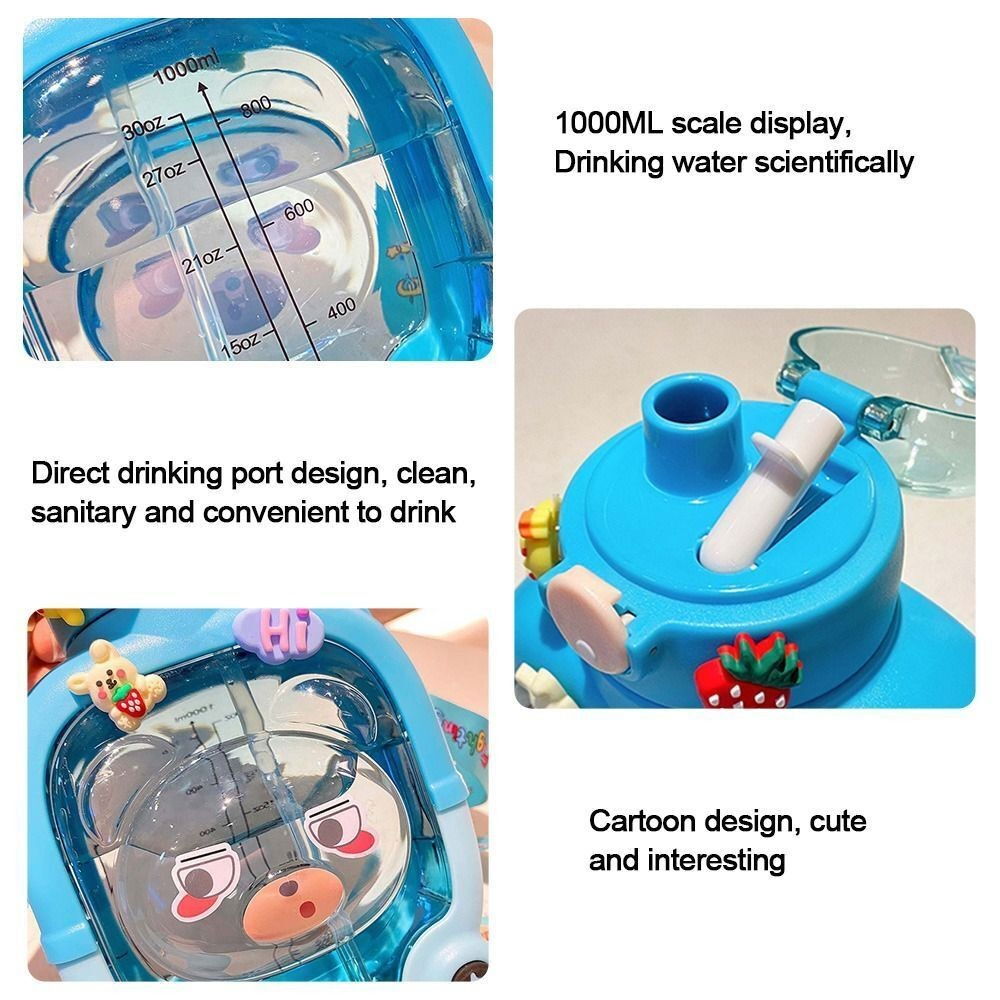 Sticla cu pai pentru copii, model ursulet, gradata, stickere aplicate, curea reglabila, din plastic rezistent la cadere, 1l, albastru, 20 x 13 cm [5]