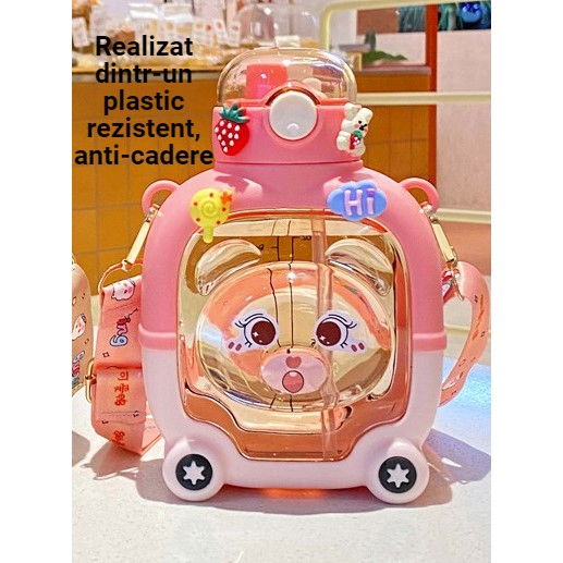 Sticla cu pai pentru copii, model ursulet, gradata, stickere aplicate, curea reglabila, din plastic rezistent la cadere, 1l, roz, 20 x 13 cm [6]