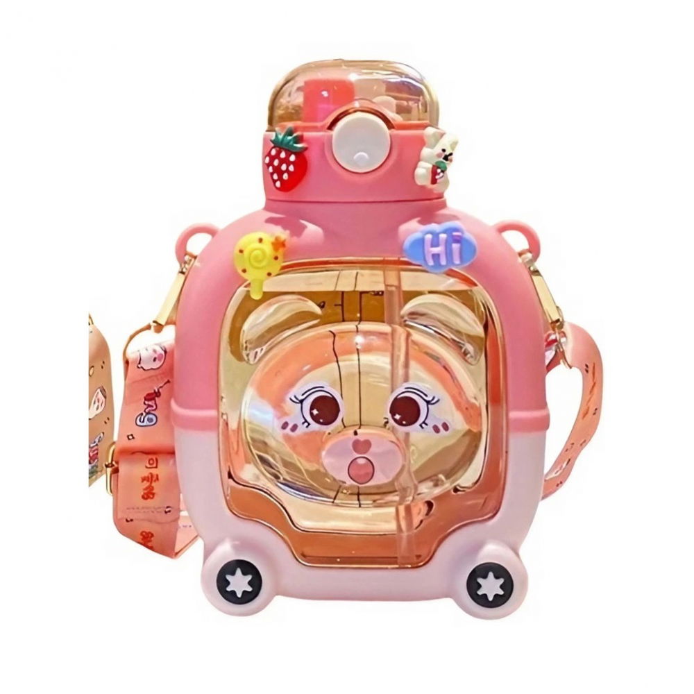 Sticla cu pai pentru copii, model ursulet, gradata, stickere aplicate, curea reglabila, din plastic rezistent la cadere, 1l, roz, 20 x 13 cm [1]