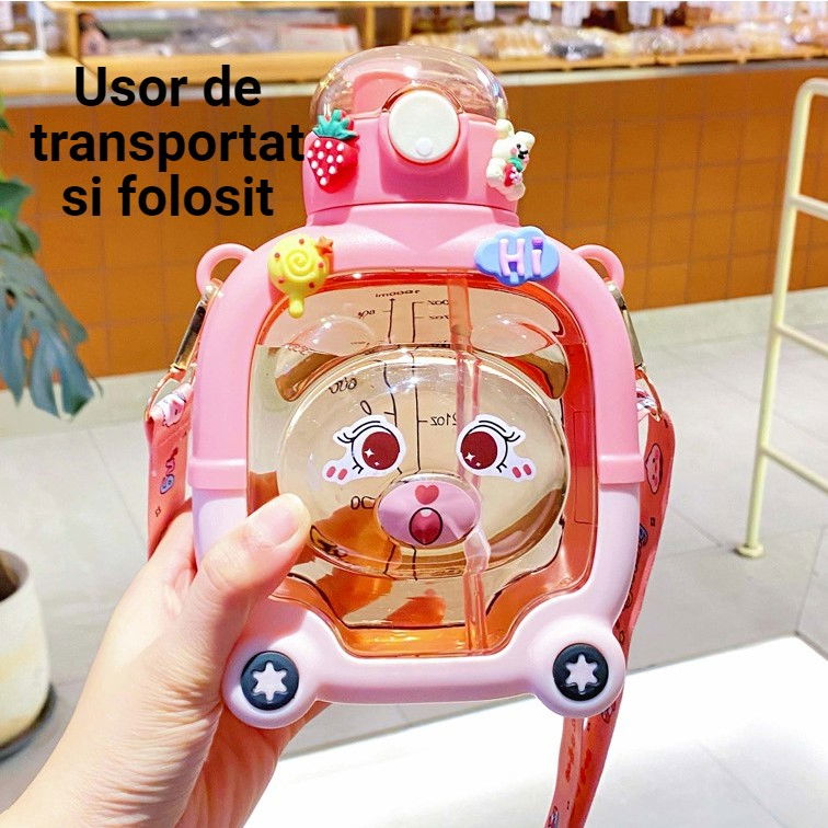 Sticla cu pai pentru copii, model ursulet, gradata, stickere aplicate, curea reglabila, din plastic rezistent la cadere, 1l, roz, 20 x 13 cm [7]